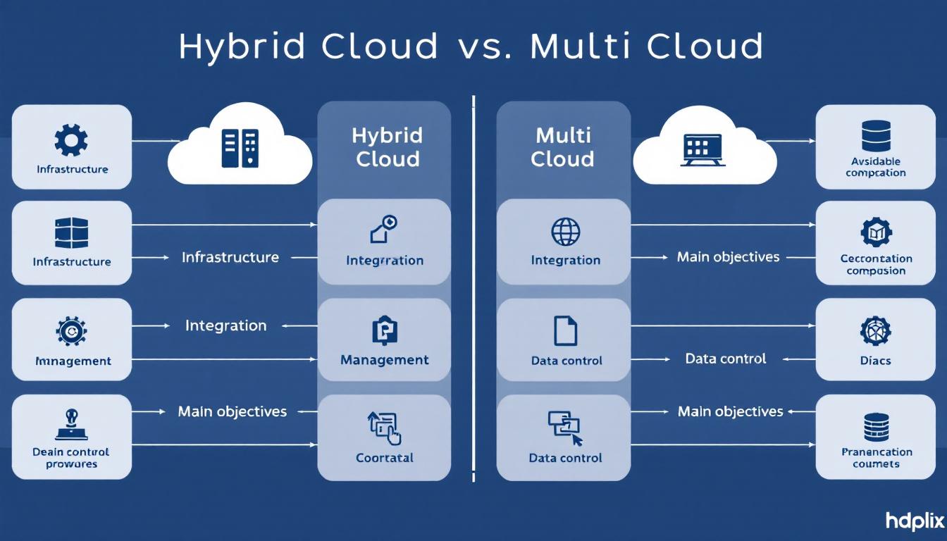 하이브리드 클라우드와 멀티 클라우드의 주요 차이점을 시각적으로 비교한 인포그래픽