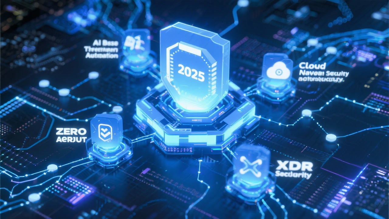 2025년 최신 보안 트렌드인 AI 위협 자동화, 제로 트러스트, 클라우드 네이티브 보안, XDR 기술을 표현한 미래지향적 이미지