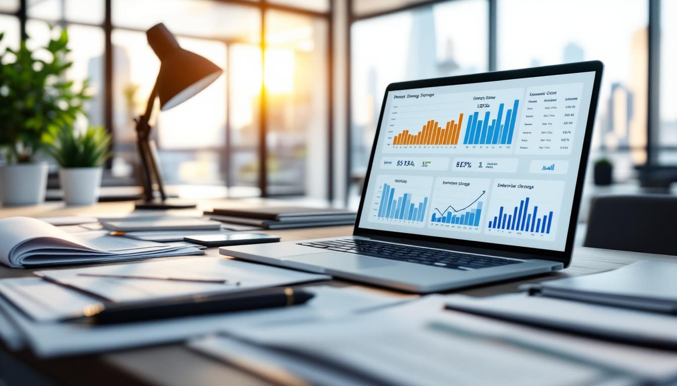 비즈니스 문서와 펜, 디지털 성능 차트가 놓인 사무실 책상 위 기업 스토리지 선택 체크리스트의 고화질 실사 이미지