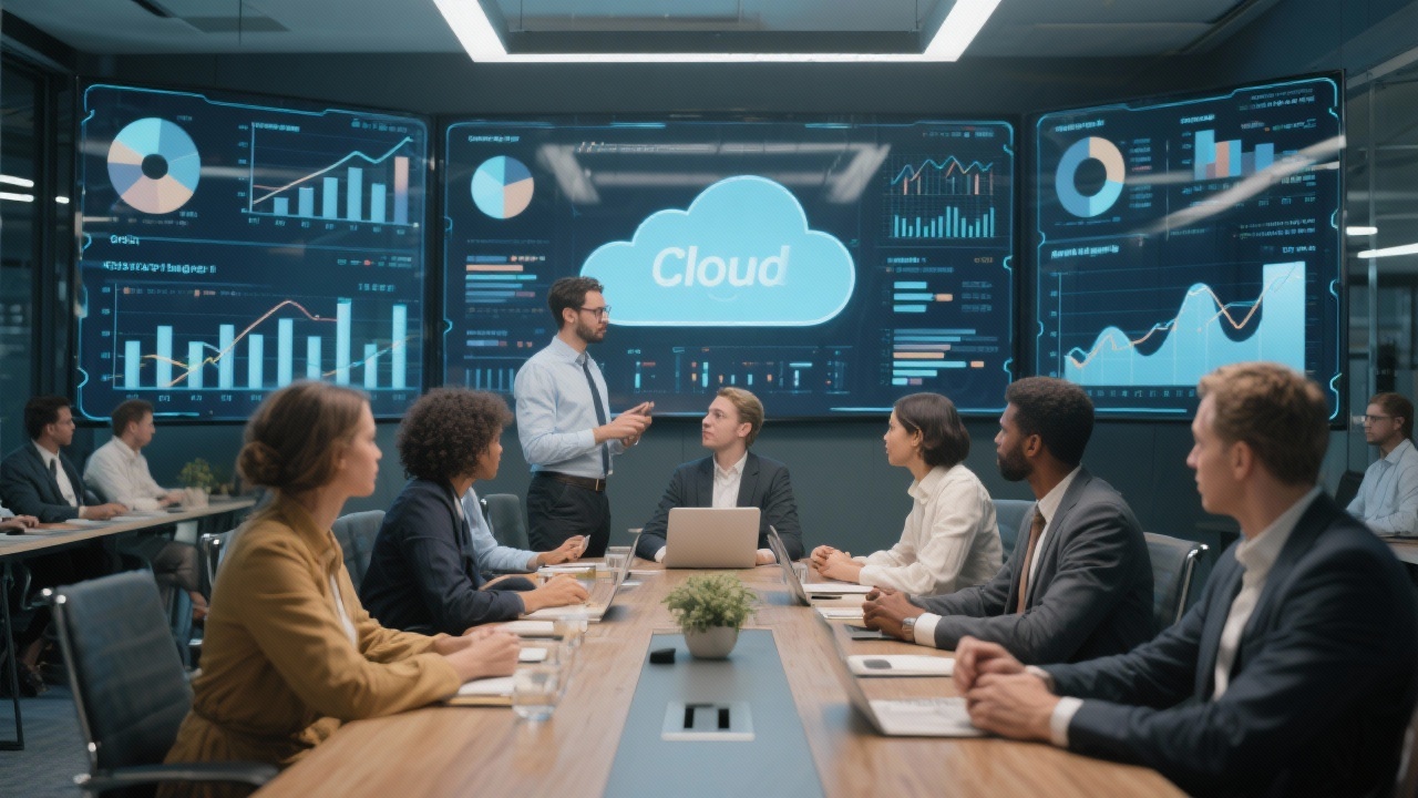 회의 중 클라우드 비용 관리 그래프와 차트를 보는 실무자들 모습