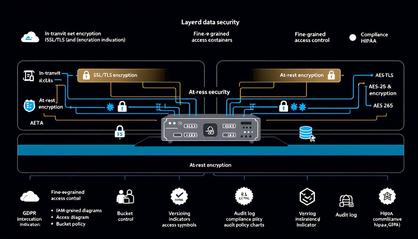 데이터 암호화(전송 중 및 저장 중), 세밀한 접근 제어, 버전 관리, 감사 로그, GDPR과 HIPAA 컴플라이언스를 나타내는 보안 관리 이미지