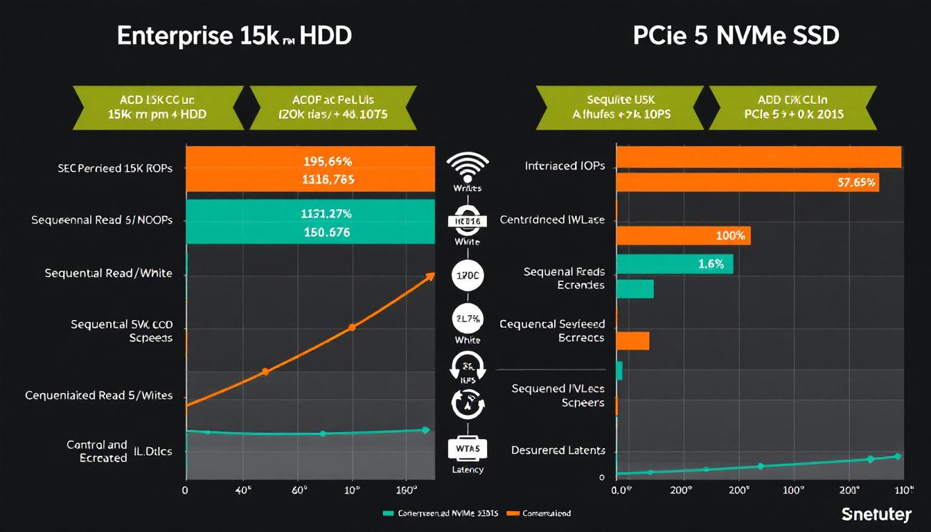 엔터프라이즈 15K RPM HDD와 PCIe 5 NVMe SSD의 성능 지표(순차 속도 IOPS 지연 시간)를 비교하는 인포그래픽 스타일 이미지