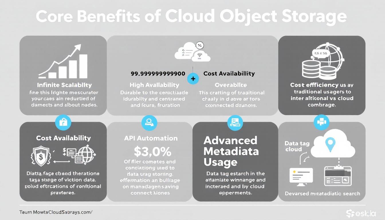 무한 확장성, 11나인 내구성, 높은 가용성, 비용 효율성, API 자동화, 메타데이터 활용 등 클라우드 오브젝트 스토리지 핵심 장점을 보여주는 인포그래픽