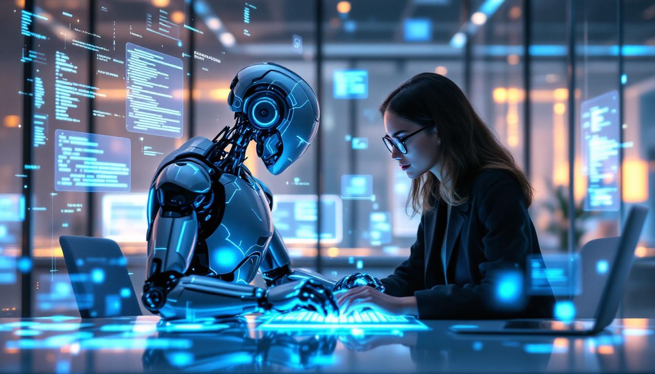 AI 개발 도구와 협업하는 인간 개발자의 조화로운 팀워크와 혁신적인 아이디어 교환 장면