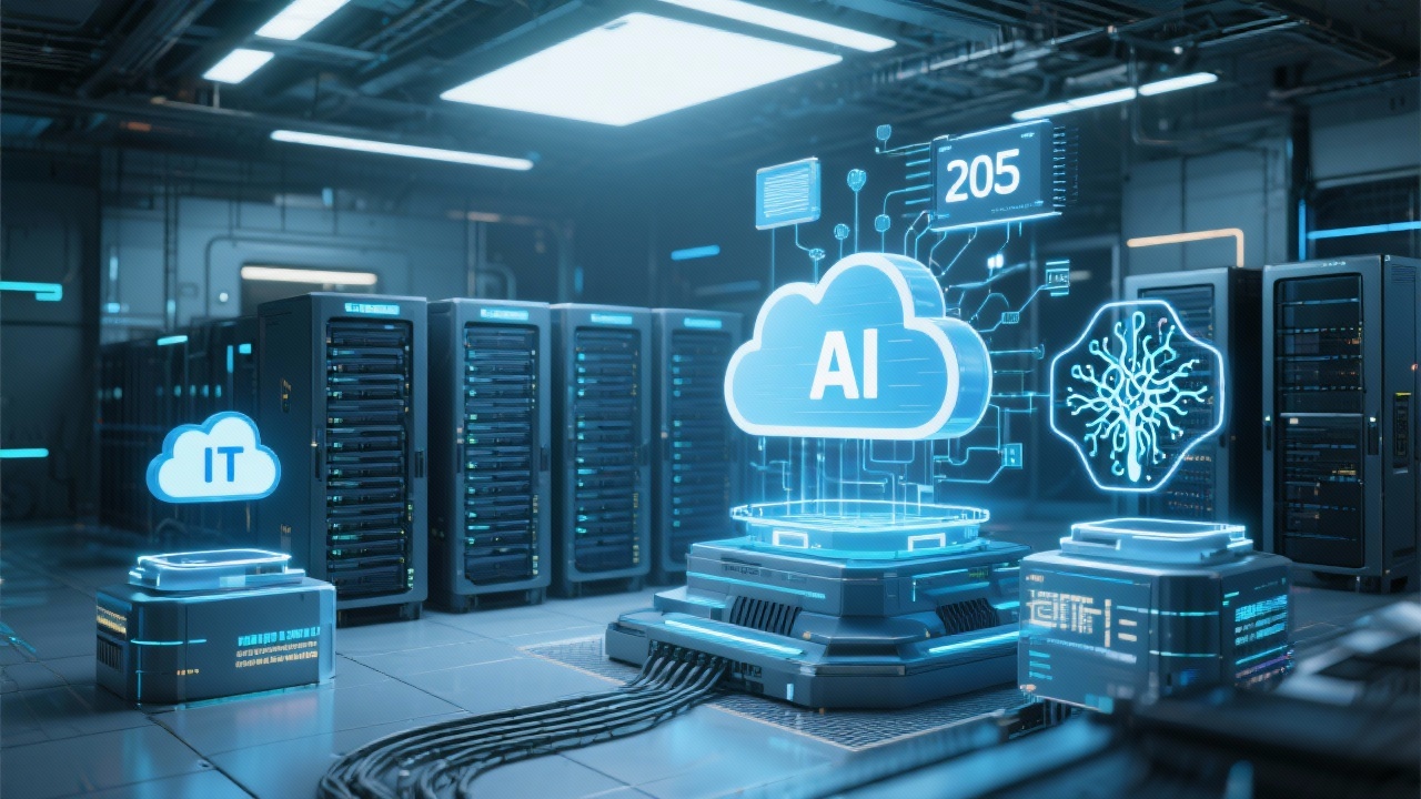 2025년 IT 인프라와 AI 기술의 융합을 상징하는 미래형 데이터 센터와 서버 모습