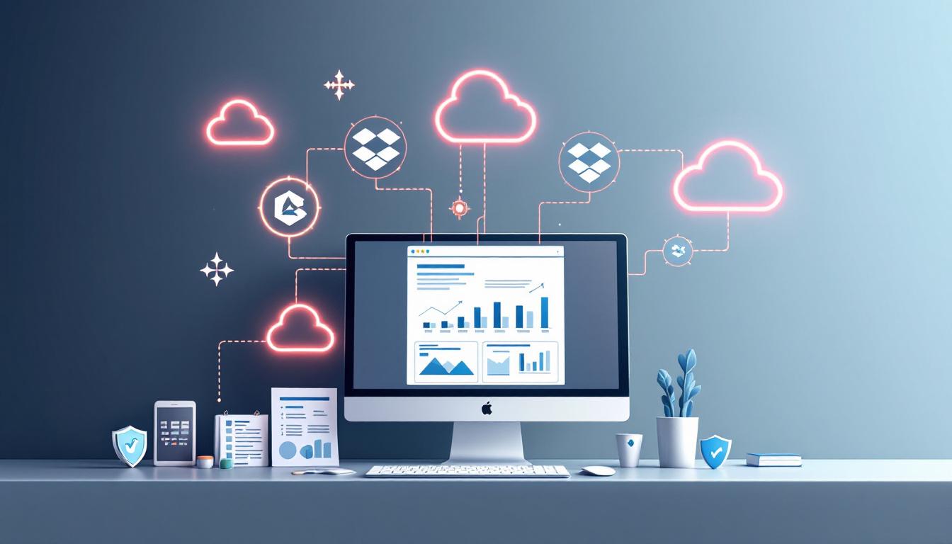 구글 드라이브, Dropbox, OneDrive 클라우드 스토리지와 보안 기능을 시각화한 이미지