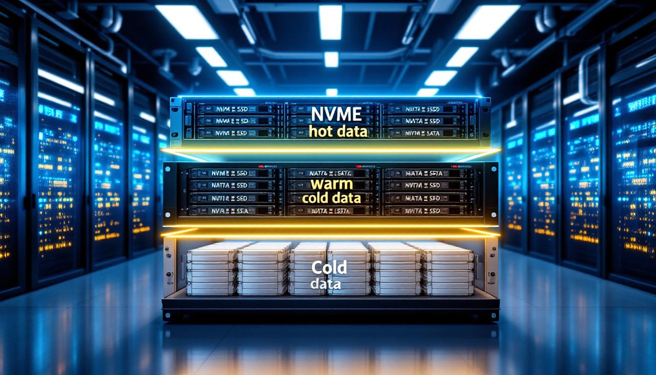 최신 데이터 센터에서 NVMe SSD, SATA SSD, 고용량 HDD에 각각 핫 데이터 웜 데이터 콜드 데이터가 저장된 계층형 스토리지를 시각화한 컨셉 이미지