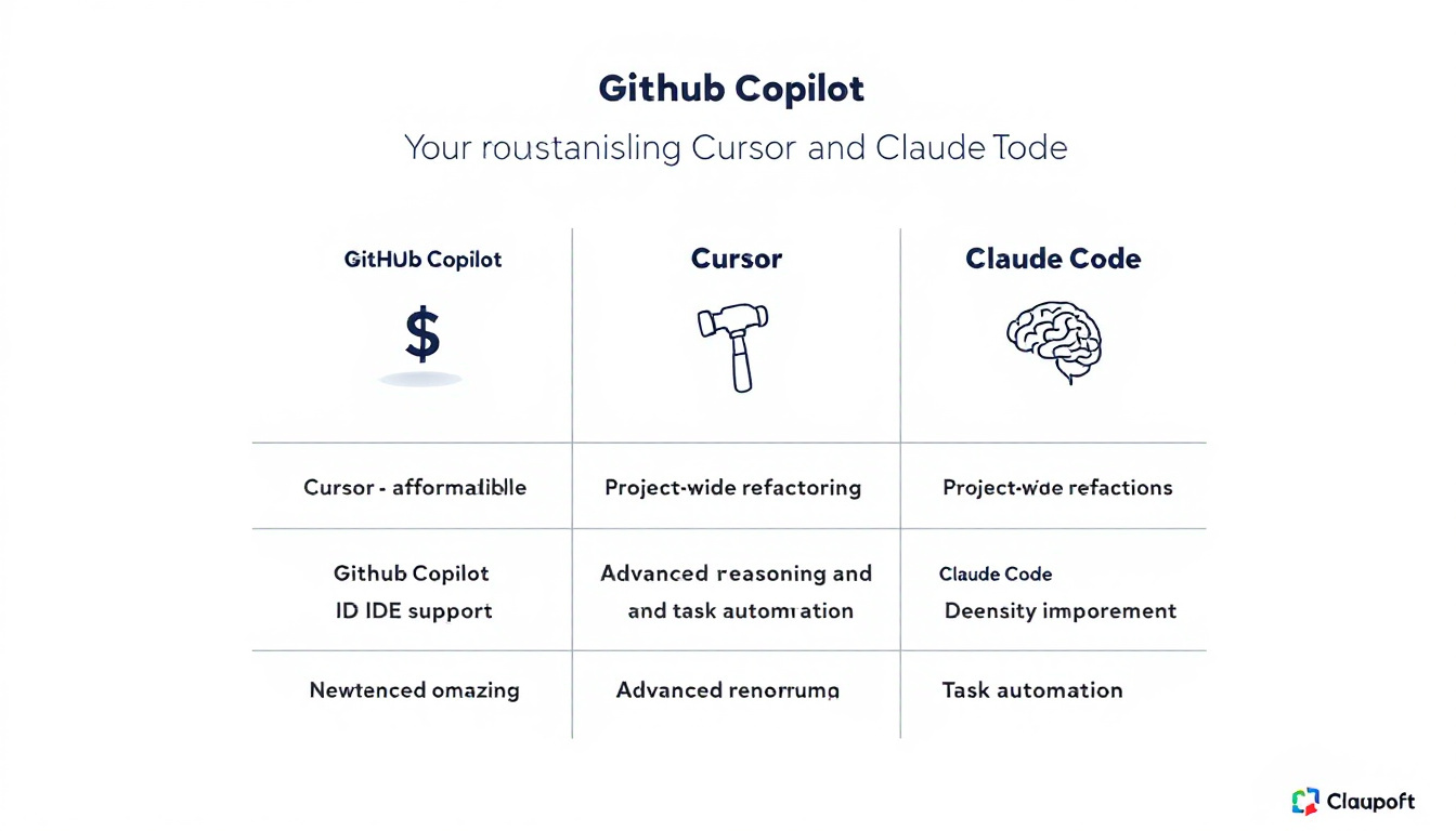 GitHub Copilot, Cursor, Claude Code 비교표 주요 특징과 강점을 보여주는 인포그래픽
