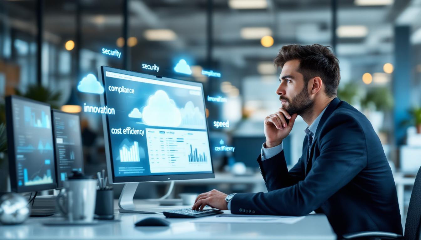 클라우드 전략 의사결정을 고민하는 비즈니스 매니저의 이미지