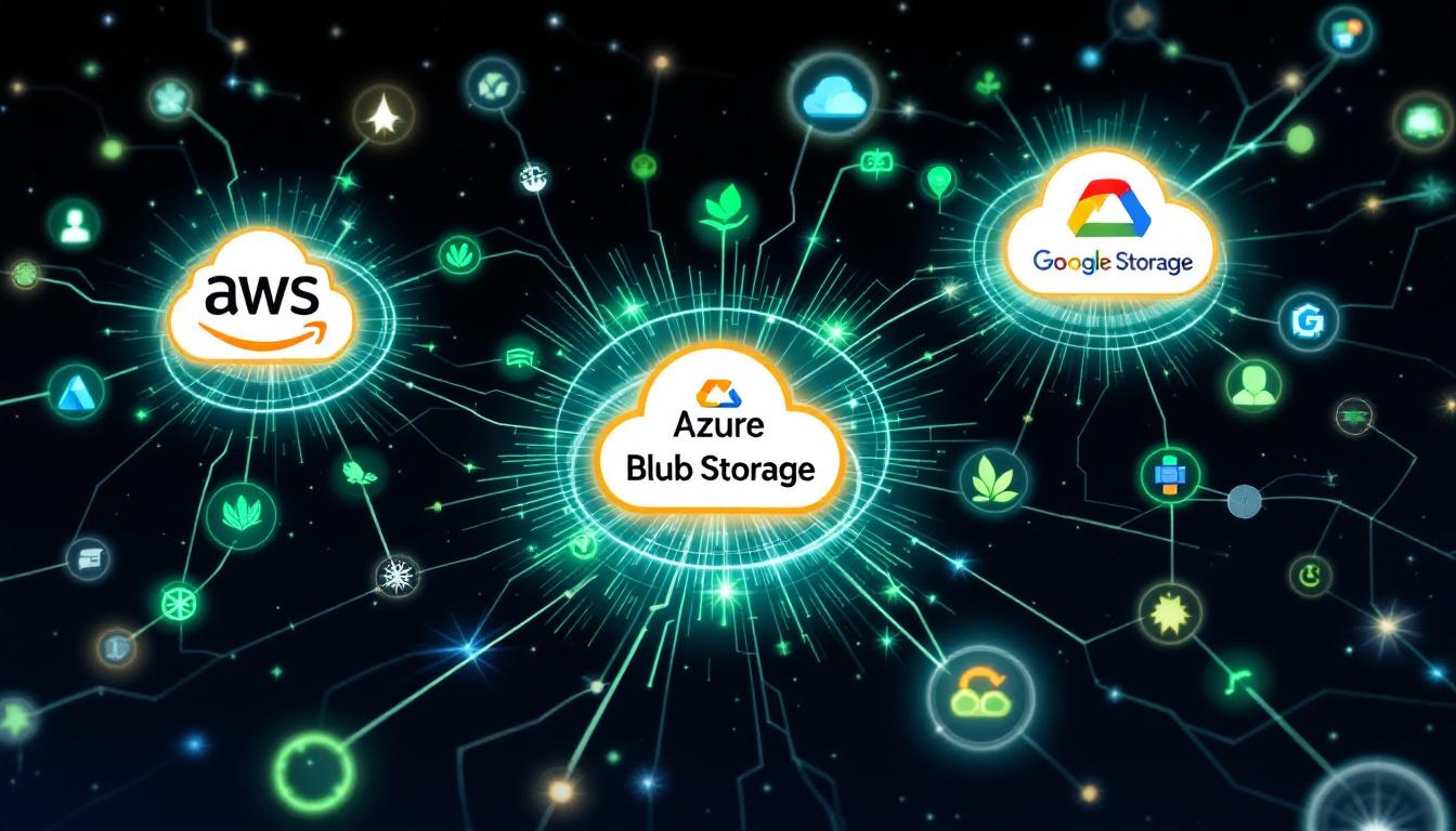 AI 네트워크 선과 친환경 아이콘으로 연결된 2025년 최적의 클라우드 스토리지 파트너 로고 간 연결 이미지