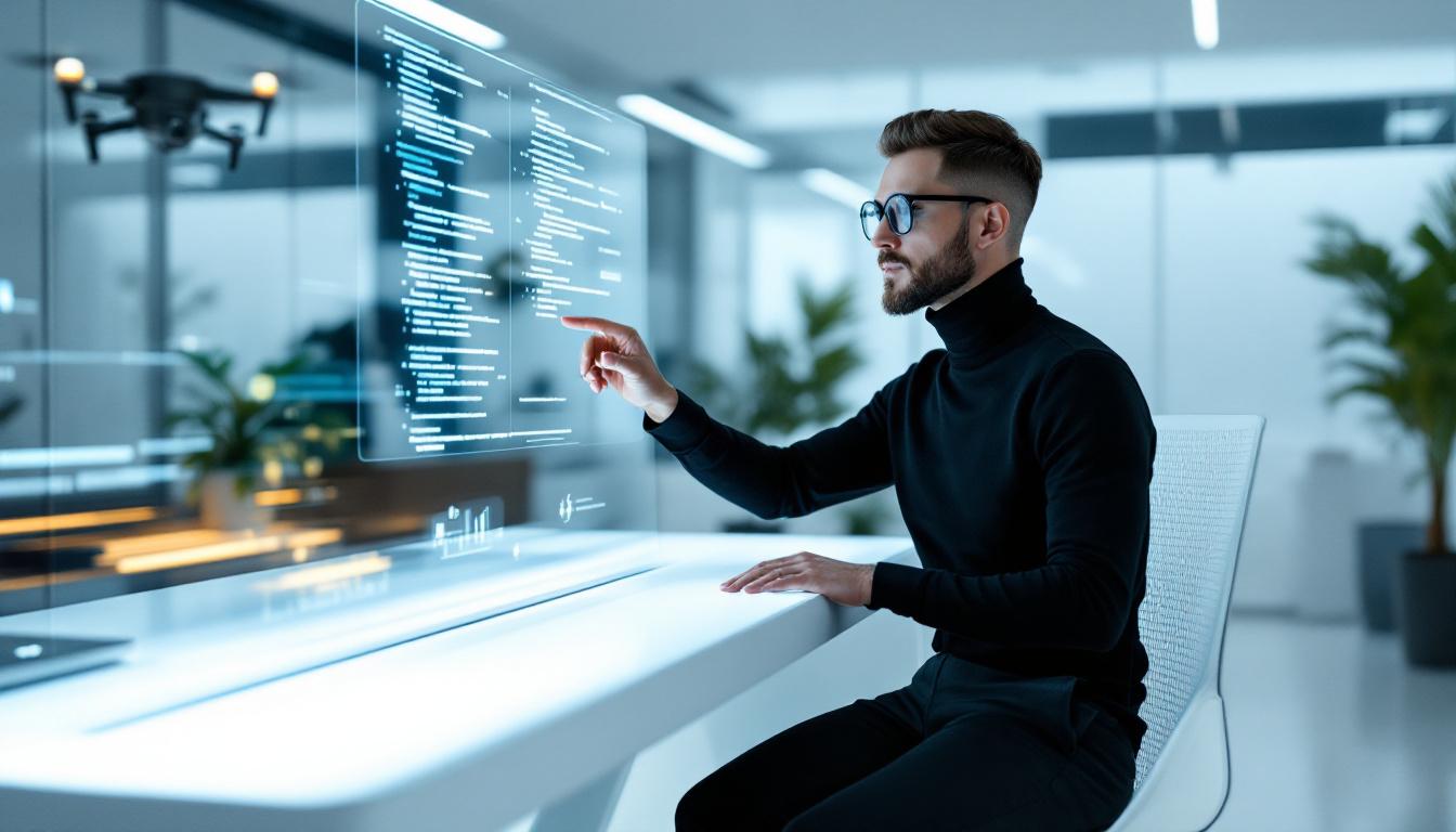 미래지향적인 AI 코딩 어시스턴트와 함께 일하는 개발자 모습