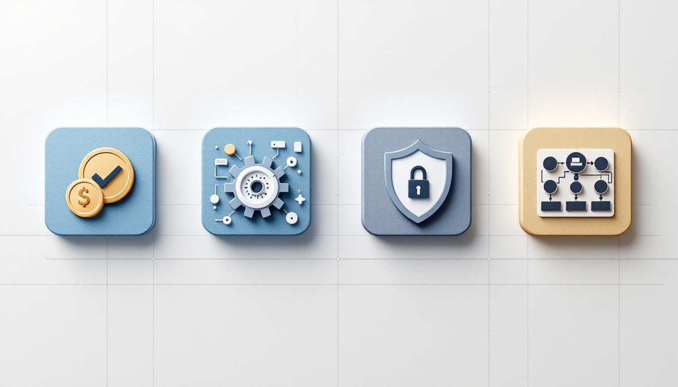 4단계 의사결정 프레임워크를 시각화한 이미지, 예산과 기술, 데이터 보안, 워크플로우 복잡성 고려