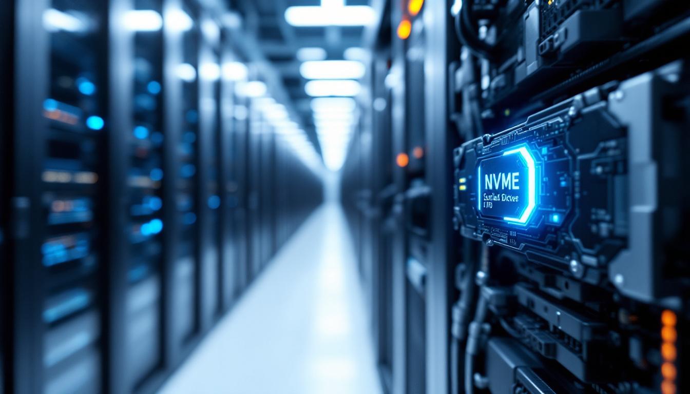 최신 서버 랙 환경에서 빛나는 LED 표시등과 회로가 보이는 고성능 엔터프라이즈 NVMe SSD 클로즈업 실사 이미지