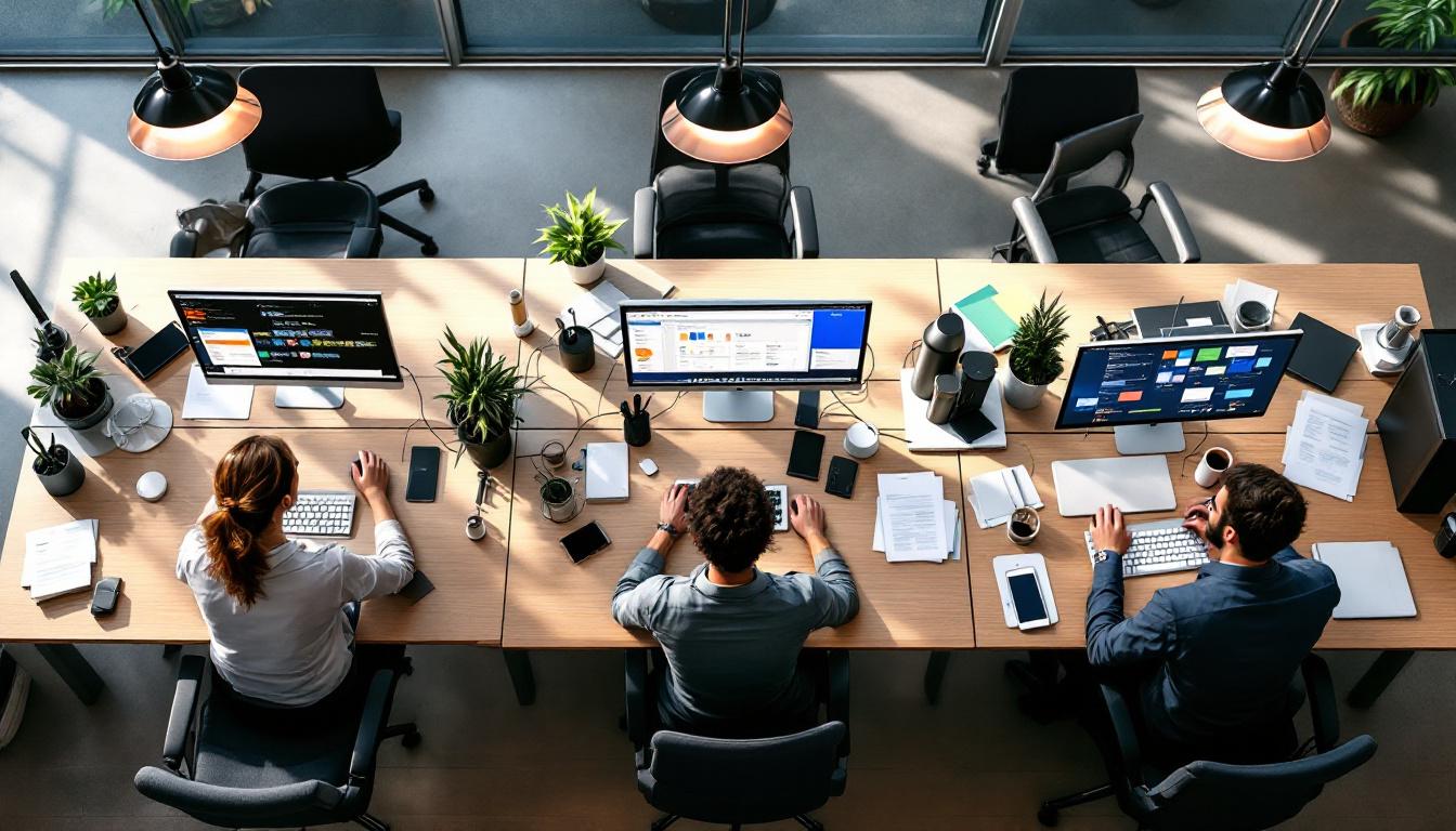 직장인들이 챗GPT를 활용해 문서 작성, 데이터 분석, 아이디어 브레인스토밍 하는 모습