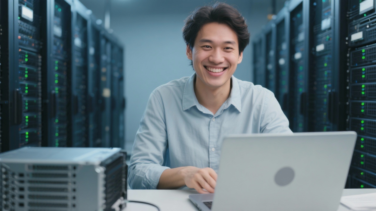 서버 랙을 배경으로 첫 서버 프로젝트를 시작하려는 자신감 있는 사람의 모습