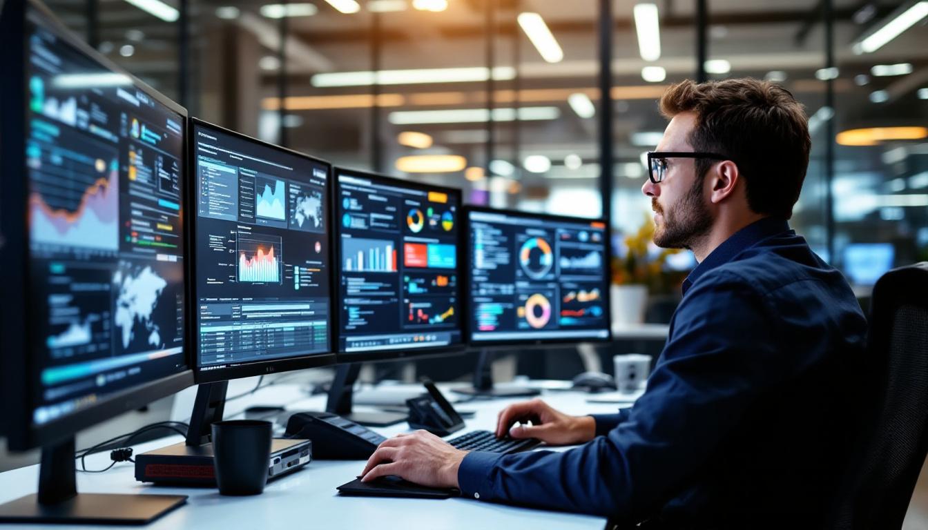 정보보호 전문가가 다양한 산업 환경에서 보안 업무를 수행하는 모습