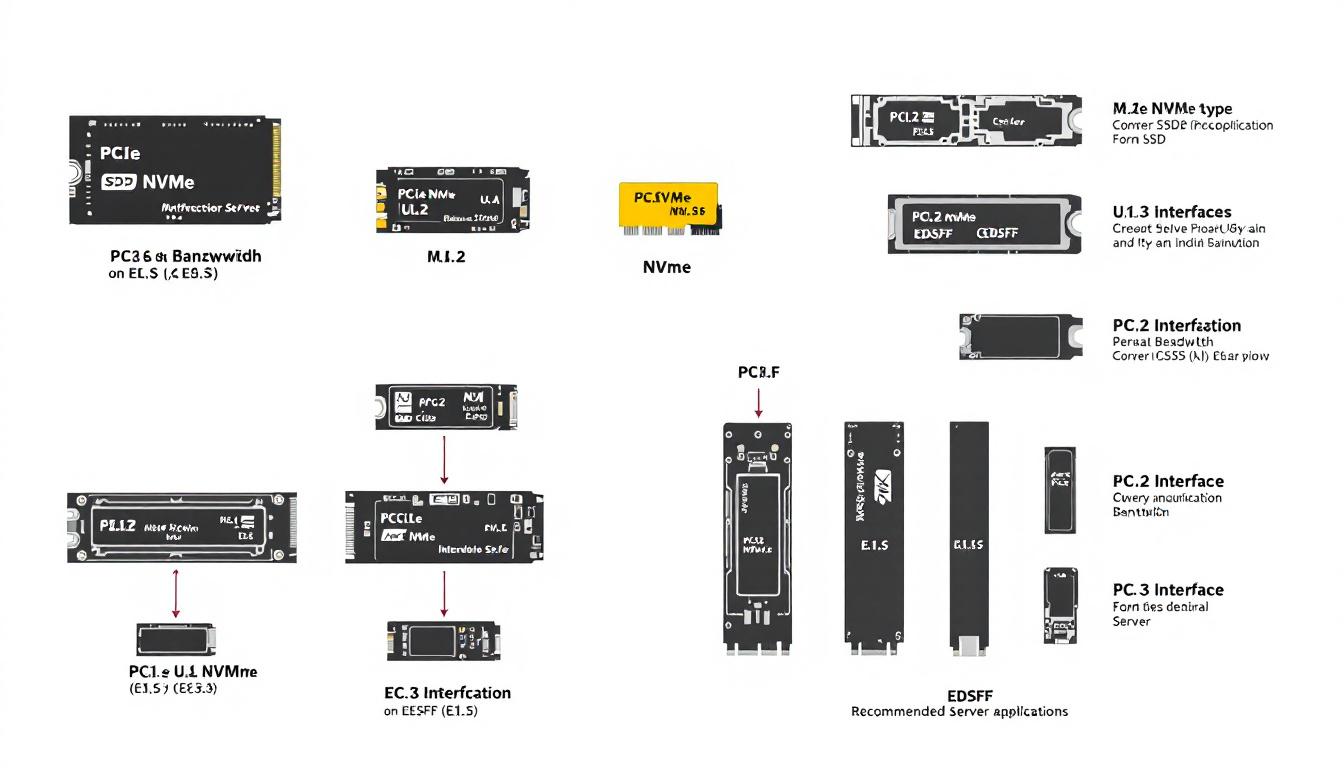 PCIe 5.0, PCIe 4.0, SAS, SATA 인터페이스와 M.2, U.2, EDSFF 폼팩터를 한눈에 보여주는 SSD 종류
