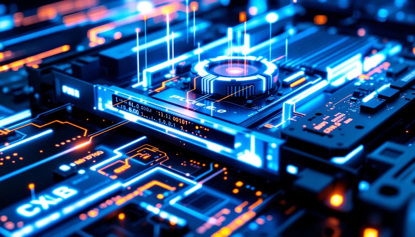 서버 내부에서 빛나는 PCIe 6.0과 CXL 3.0 인터페이스 하드웨어를 미래지향적으로 표현한 고화질 이미지