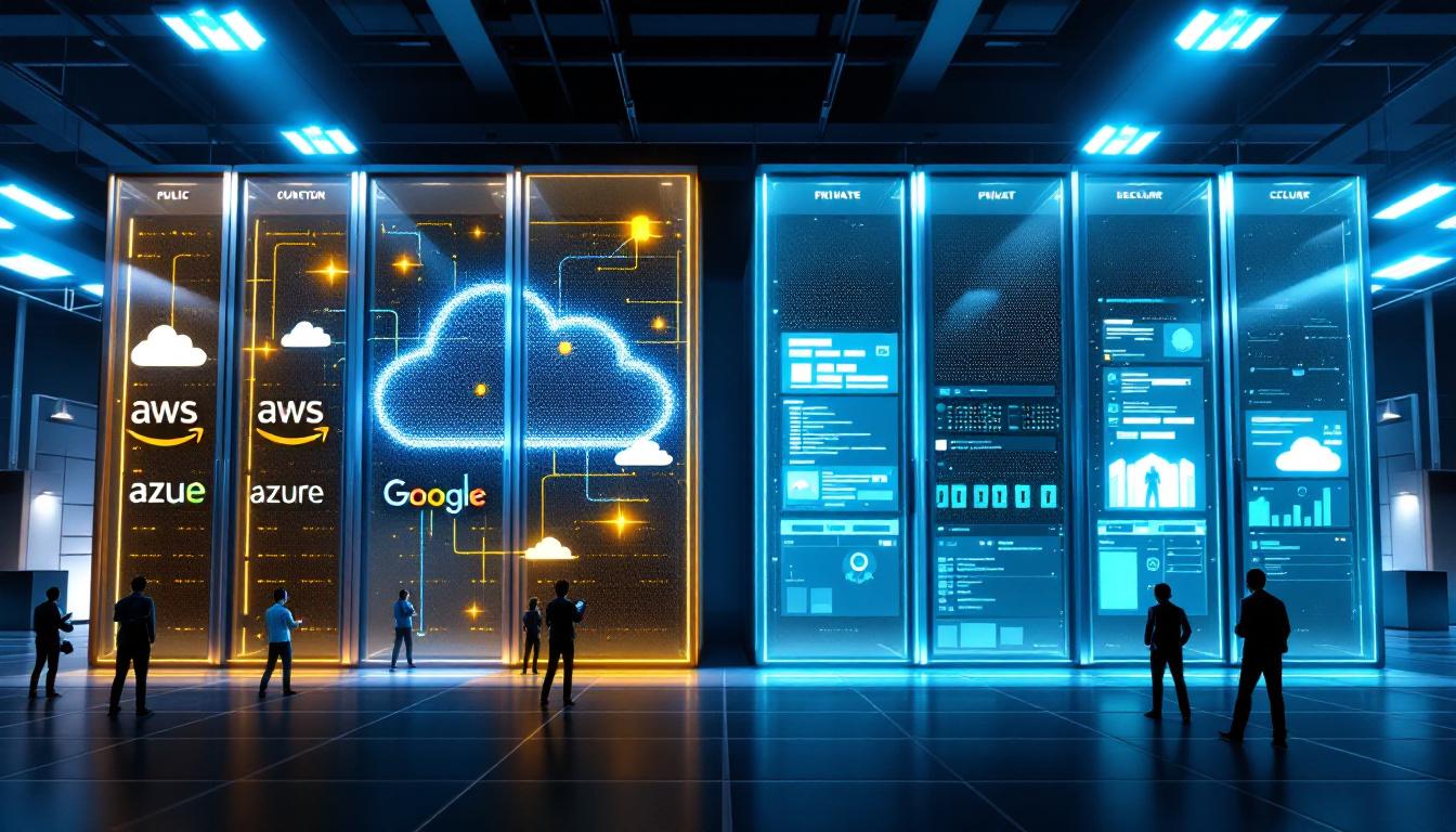퍼블릭 클라우드와 프라이빗 클라우드를 대비하는 현대적 데이터 센터 이미지