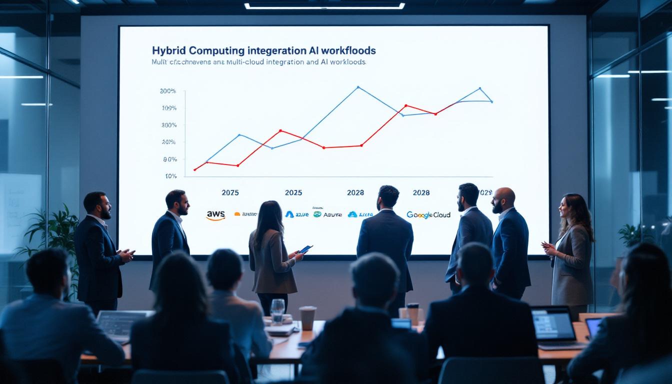 2025년부터 2028년까지 하이브리드 컴퓨팅 기술 트렌드를 발표하는 IT 전문가들의 현대적인 회의 모습