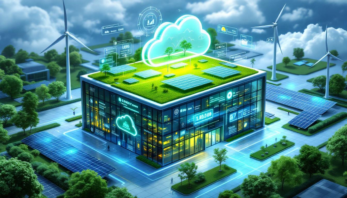 에너지 효율적 컴퓨팅을 상징하는 친환경 데이터센터와 에지 디바이스 네트워크