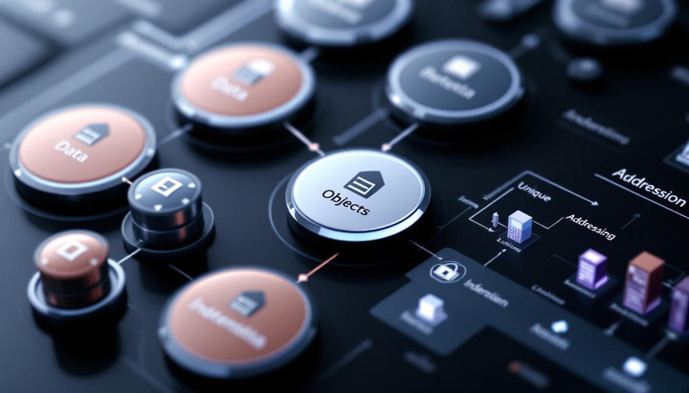 데이터, 메타데이터, 고유 식별자로 구성된 클라우드 오브젝트 스토리지의 평평한 주소 공간과 REST API, 분산 데이터 센터를 보여주는 구조도