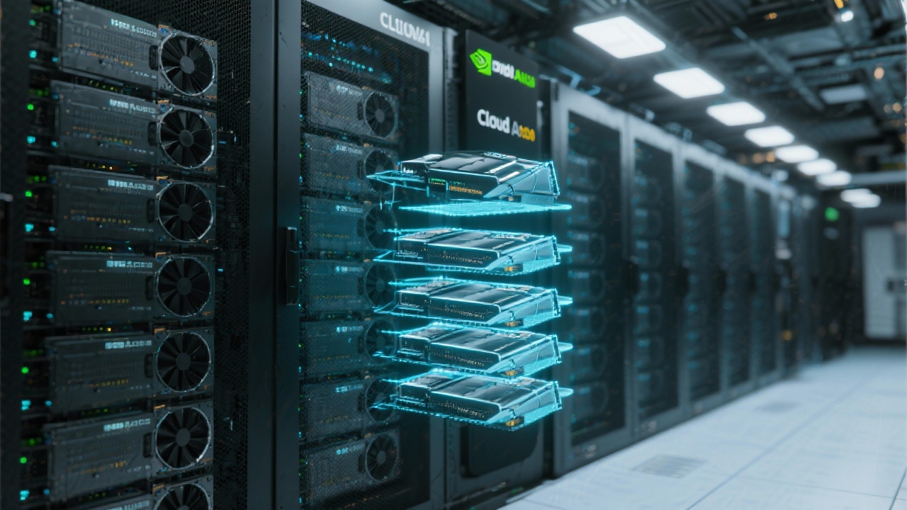 NVIDIA GPU 가상화 기술을 보여주는 최신 GPU 랙과 가상 GPU 시각화 이미지