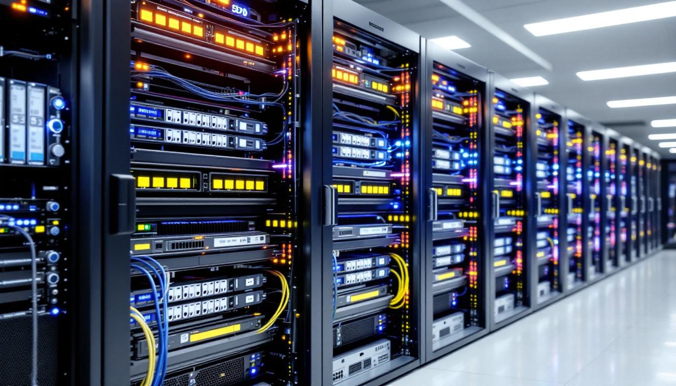에너지 효율과 공간 절약을 강조하면서 SSD와 HDD가 혼합된 데이터 센터 서버 랙의 고화질 실사 이미지