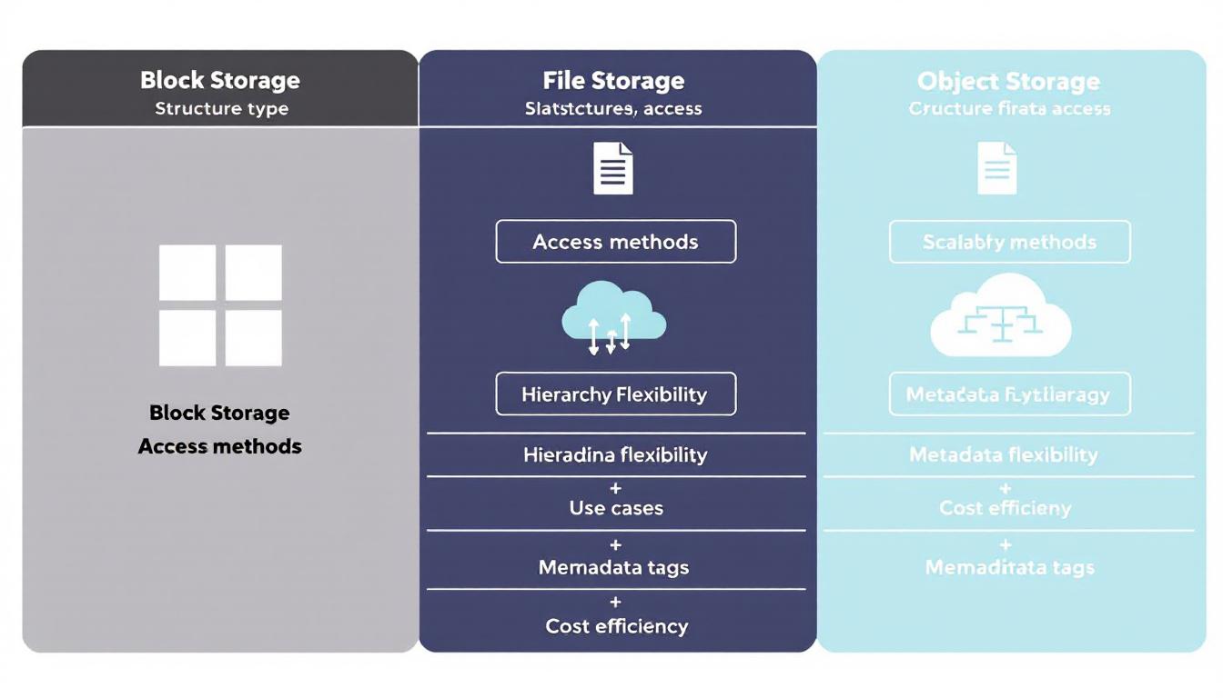 블록, 파일, 오브젝트 스토리지의 구조, 접근 방법, 확장성, 지연, 메타데이터 유연성, 용도, 비용 장단점을 비교하는 인포그래픽 차트