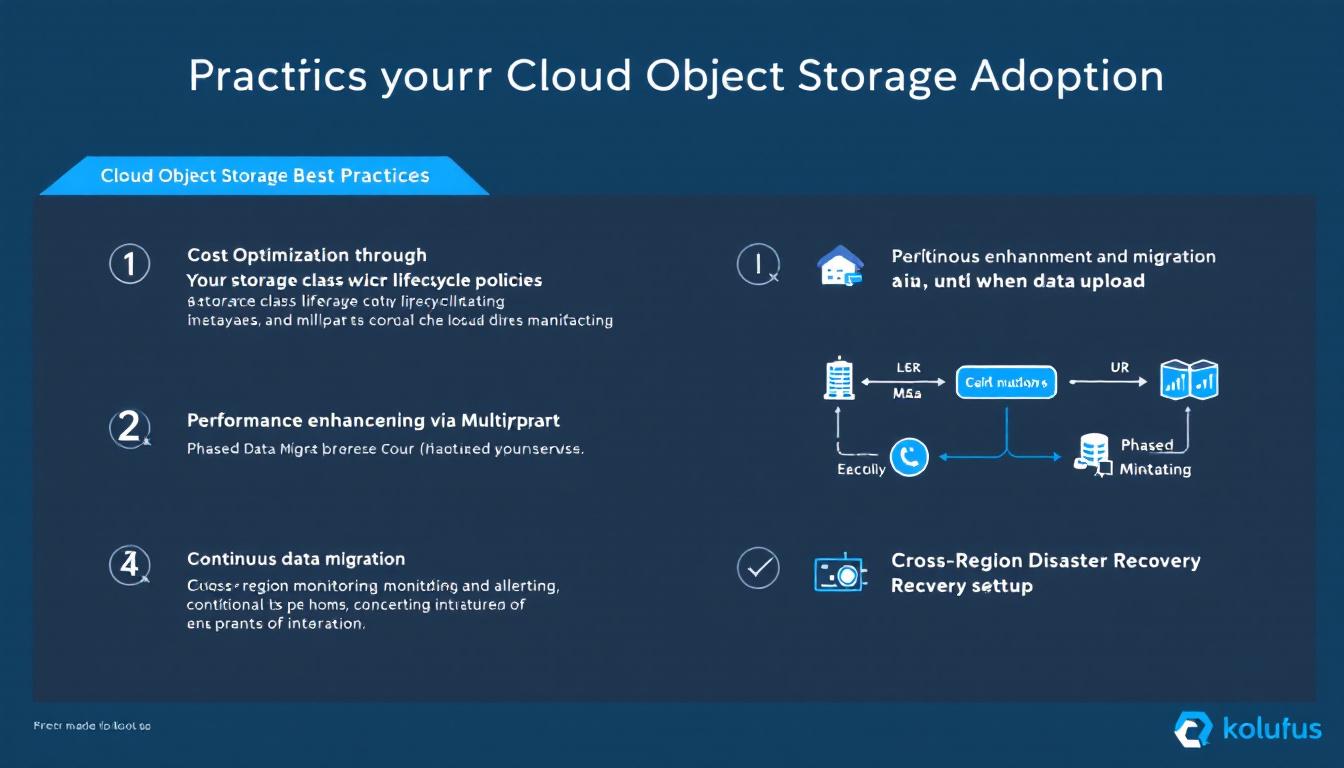 스토리지 클래스 기반 비용 최적화, 멀티파트 업로드, 단계적 데이터 이전, 모니터링과 알림, 교차 리전 복제 등 도입 최적화 모범 사례 인포그래픽
