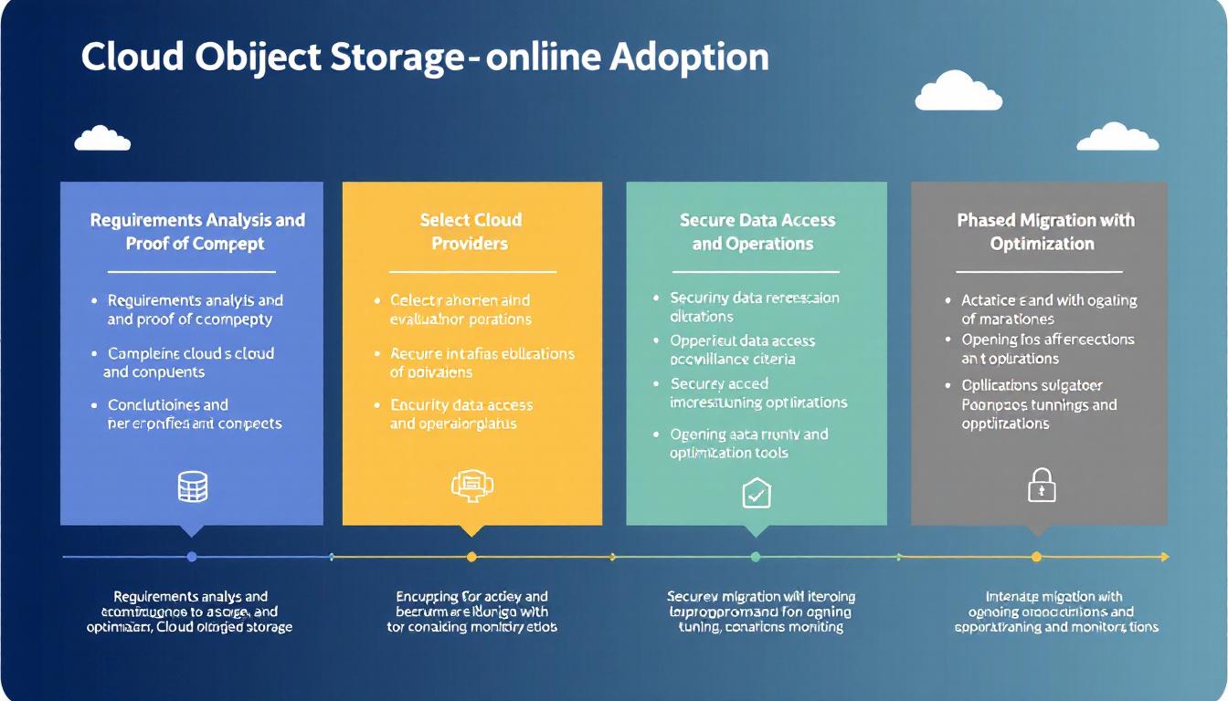 요구사항 분석과 PoC, 클라우드 사업자 선정, 보안 및 운영 정비, 단계적 데이터 이전과 튜닝을 포함한 성공적 도입 로드맵 이미지