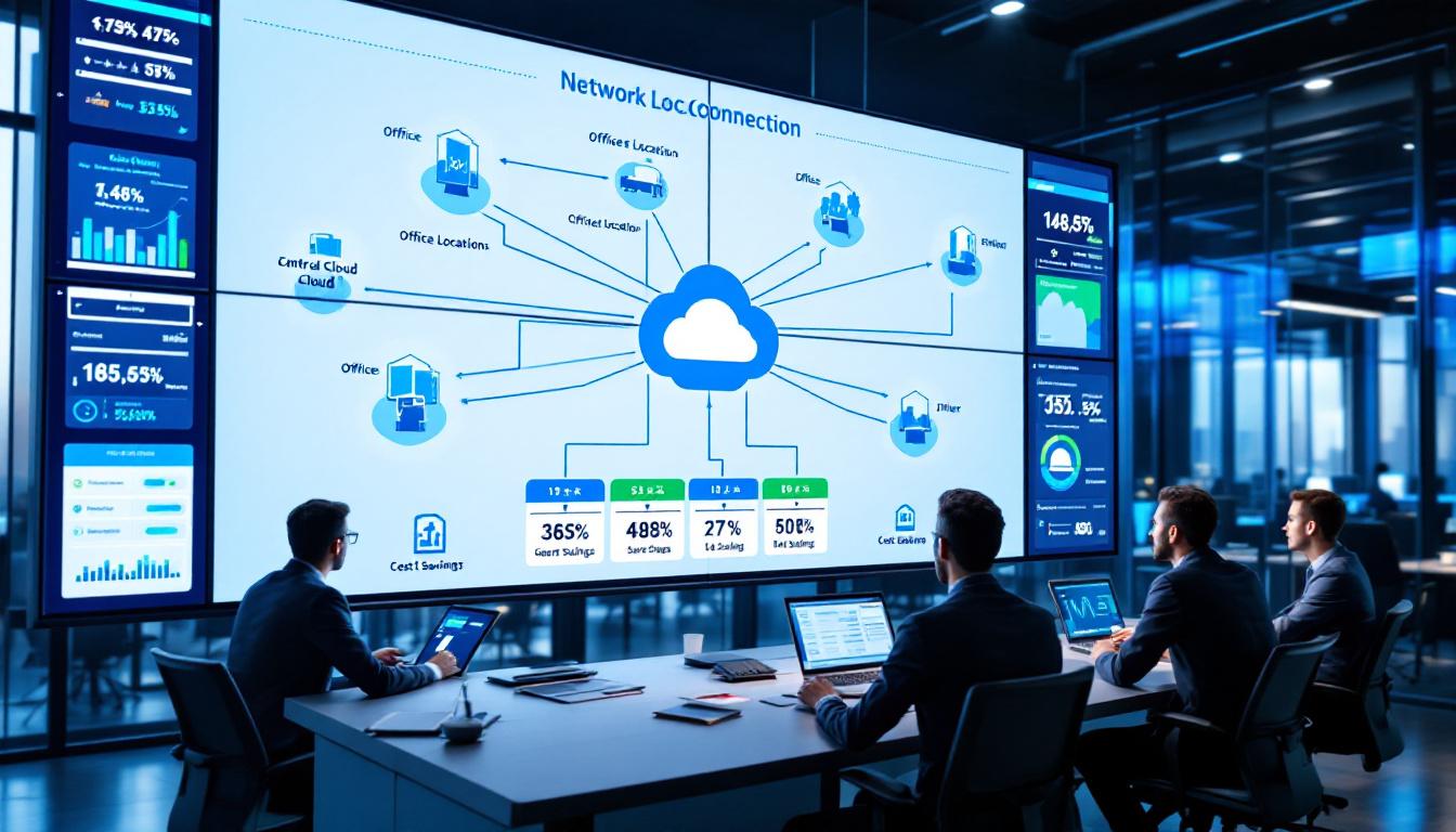 다수 지점을 인터넷으로 연결하고 중앙에서 관리하는 SD-WAN 네트워크 구조