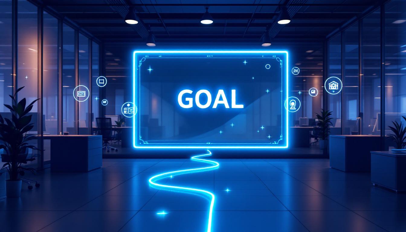업무 자동화 목표를 명확히 정의하는 것의 중요성을 강조하는 현대적 오피스 환경과 목표 경로 화면
