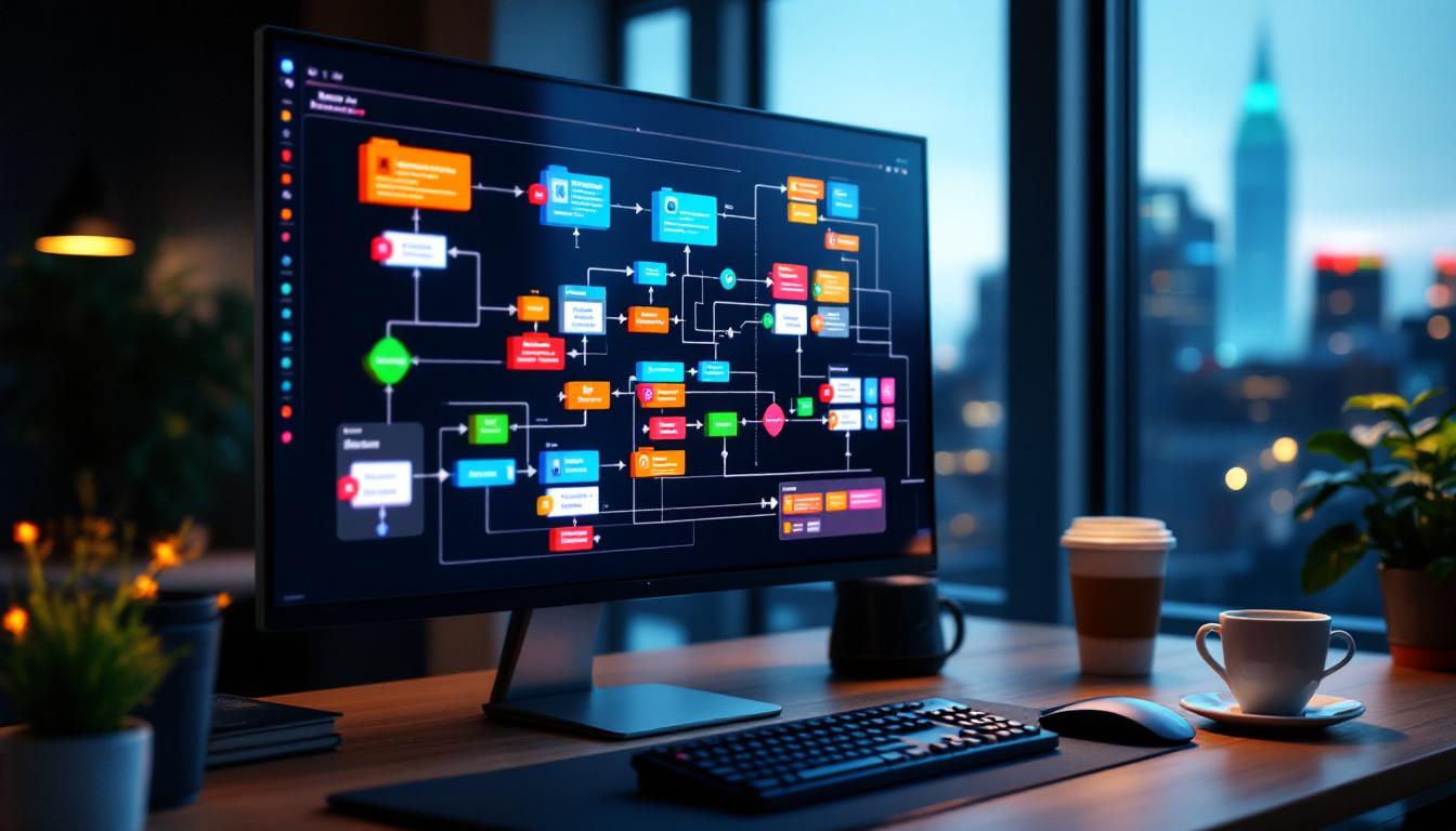 Make 솔루션의 시각적 시나리오 빌더에서 레고 블록처럼 구성된 복잡한 워크플로우 자동화 로직 시각화