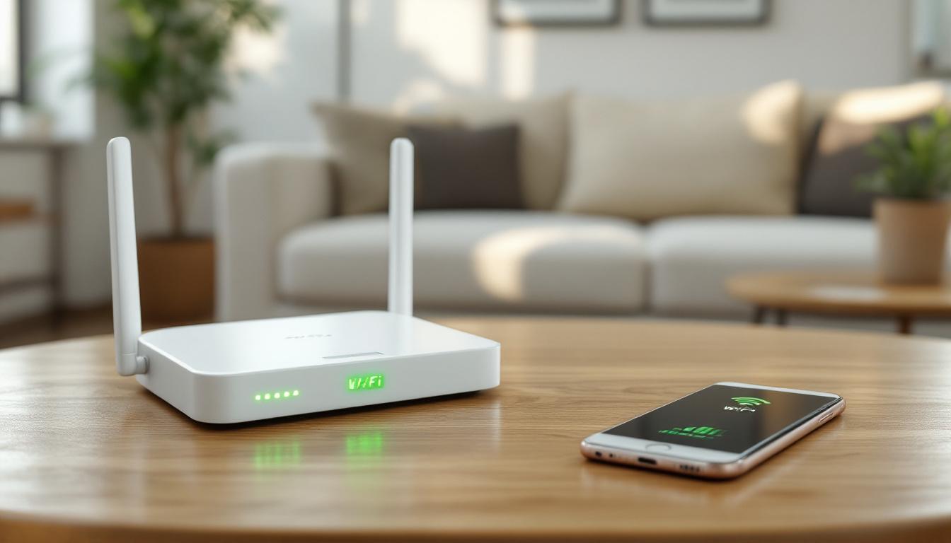 거실에 있는 최신 와이파이 공유기와 스마트폰 wifi 신호 표시