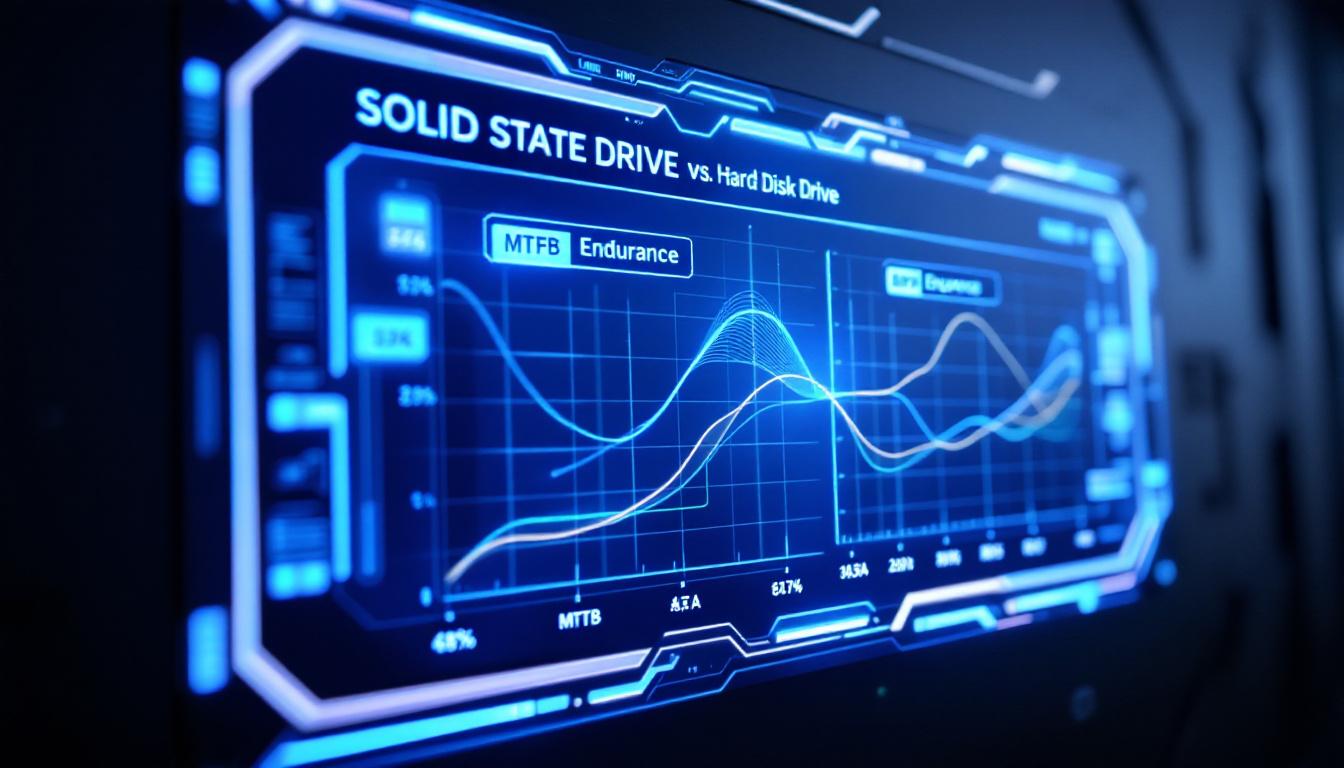  SSD와 HDD의 MTBF 및 내구성 지표를 비교하는 디지털 디스플레이의 고화질 클로즈업 실사 이미지