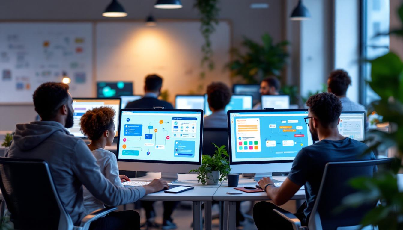 코딩 지식 없는 시민 개발자들이 시각적 워크플로우 빌더를 사용하여 즐겁게 자동화를 구축하는 모습