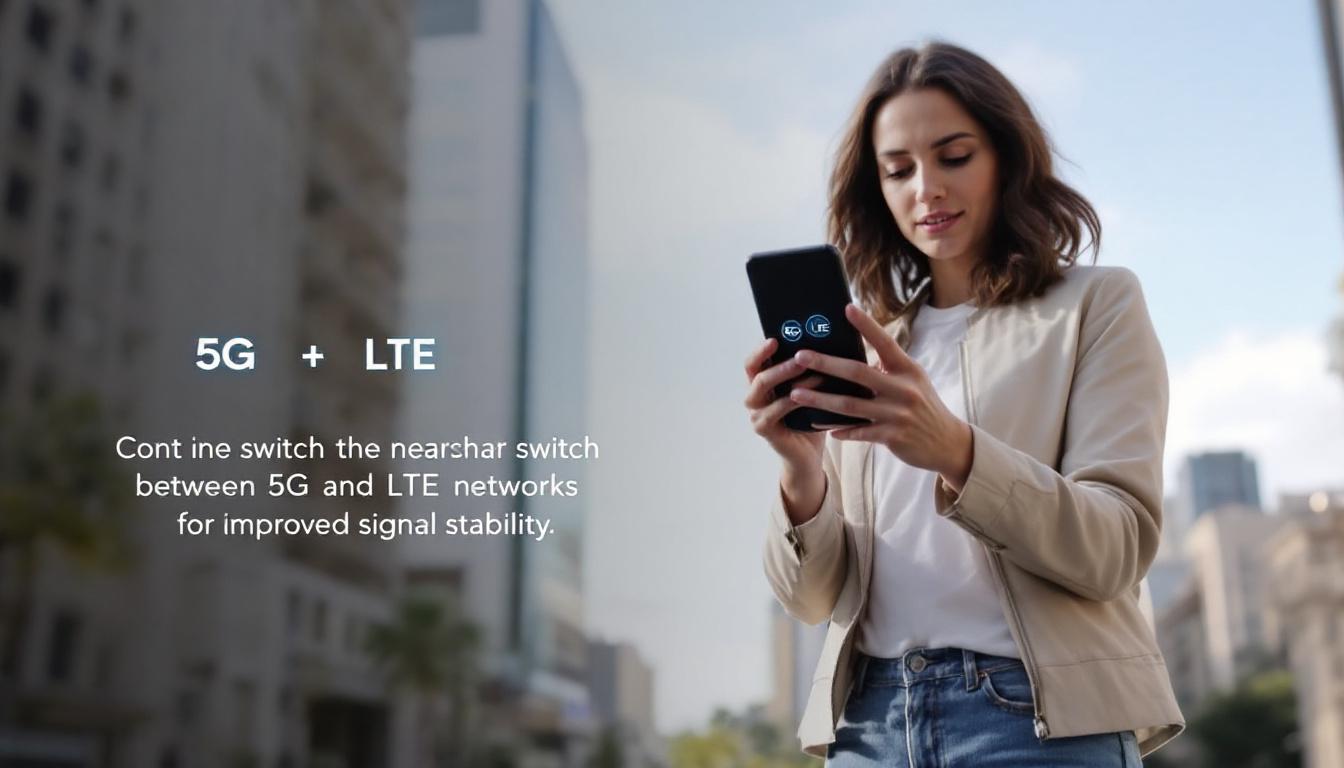 야외에서 5G와 LTE 네트워크 신호를 확인하며 스마트폰을 사용하는 모습