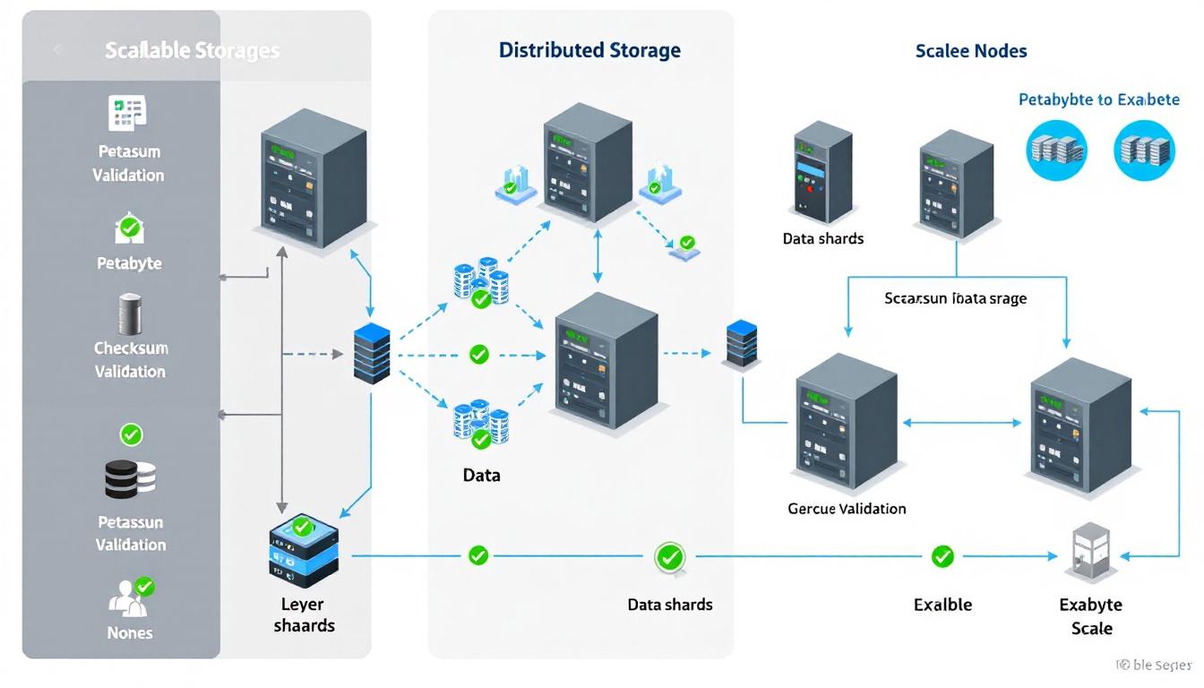 여러 서버와 데이터 센터에 데이터를 조각내어 복제 저장하고 체크섬 검증과 무한 확장성을 나타내는 분산 저장 아키텍처 도표