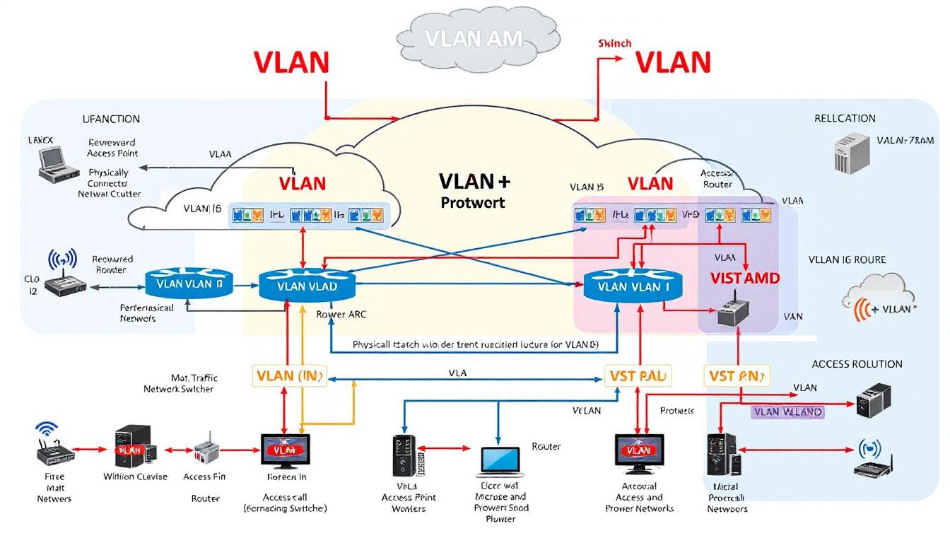 물리적 스위치를 여러 논리적 네트워크로 분할하는 VLAN 기술 설명 이미지