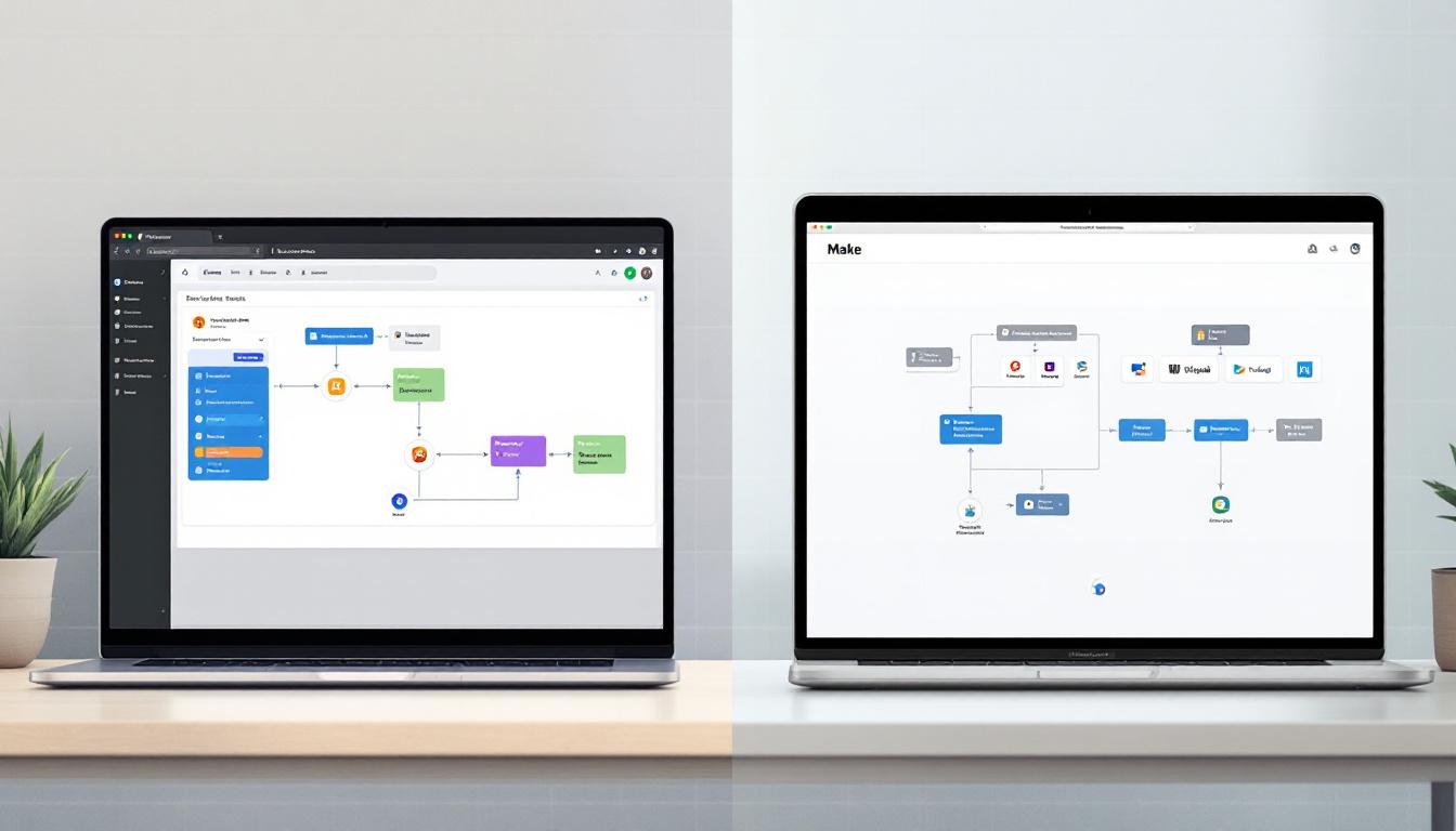 Zapier와 Make 노코드 자동화 툴의 작업 흐름 및 시각적 인터페이스 비교 이미지