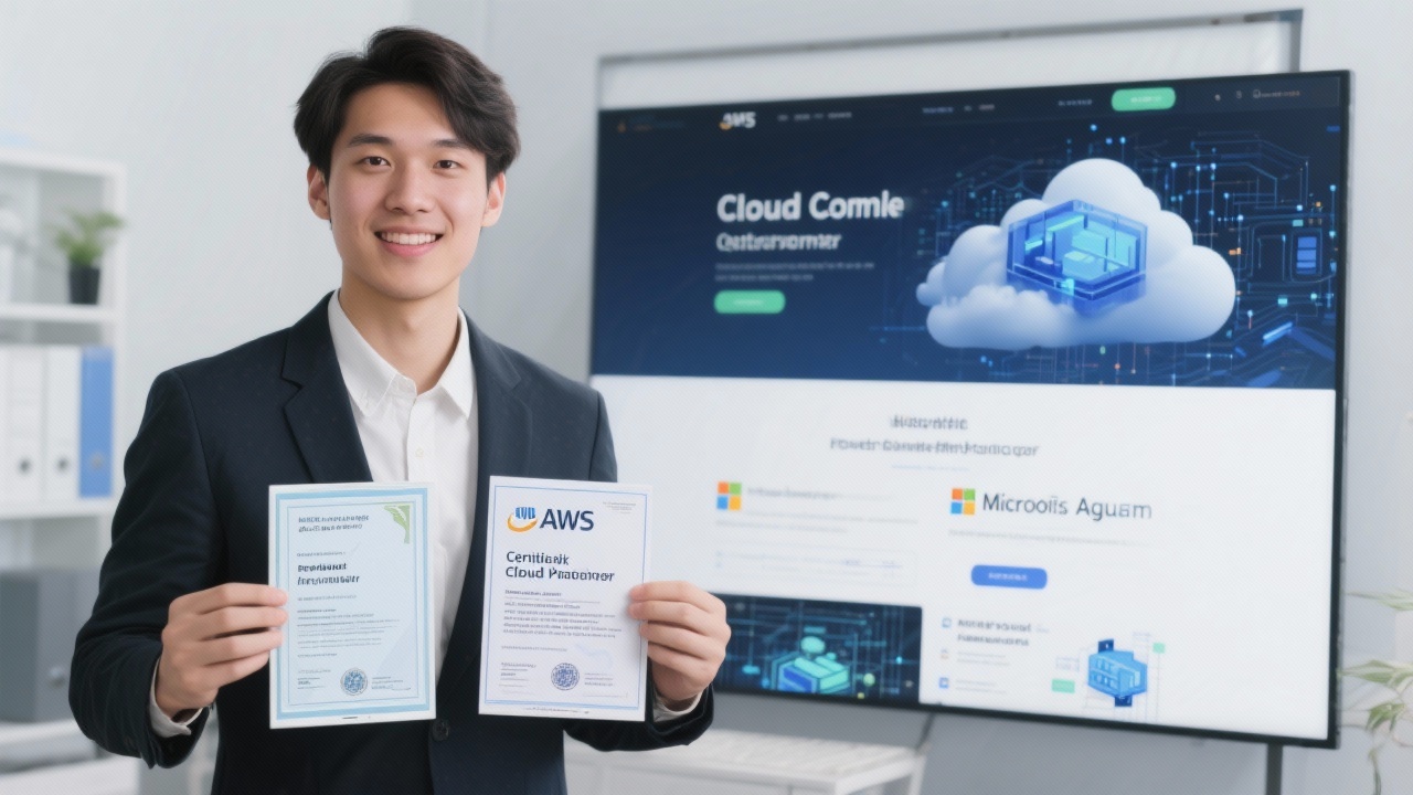 클라우드 인증서와 포트폴리오를 보여주는 IT 인프라 전문가의 모습