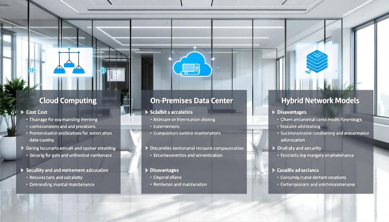 클라우드, 온프레미스, 하이브리드 네트워크 모델 비교 도식화 이미지