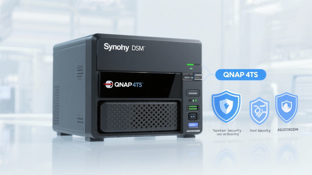 Synology DSM, QNAP QTS, ASUSTOR ADM의 보안 패키지를 설명하는 NAS 서버 하드웨어 이미지